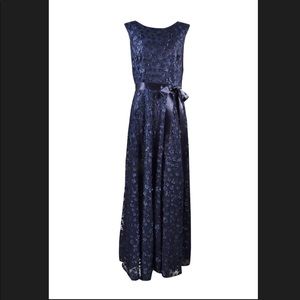 Tahari belted floral appliqué embellished formal